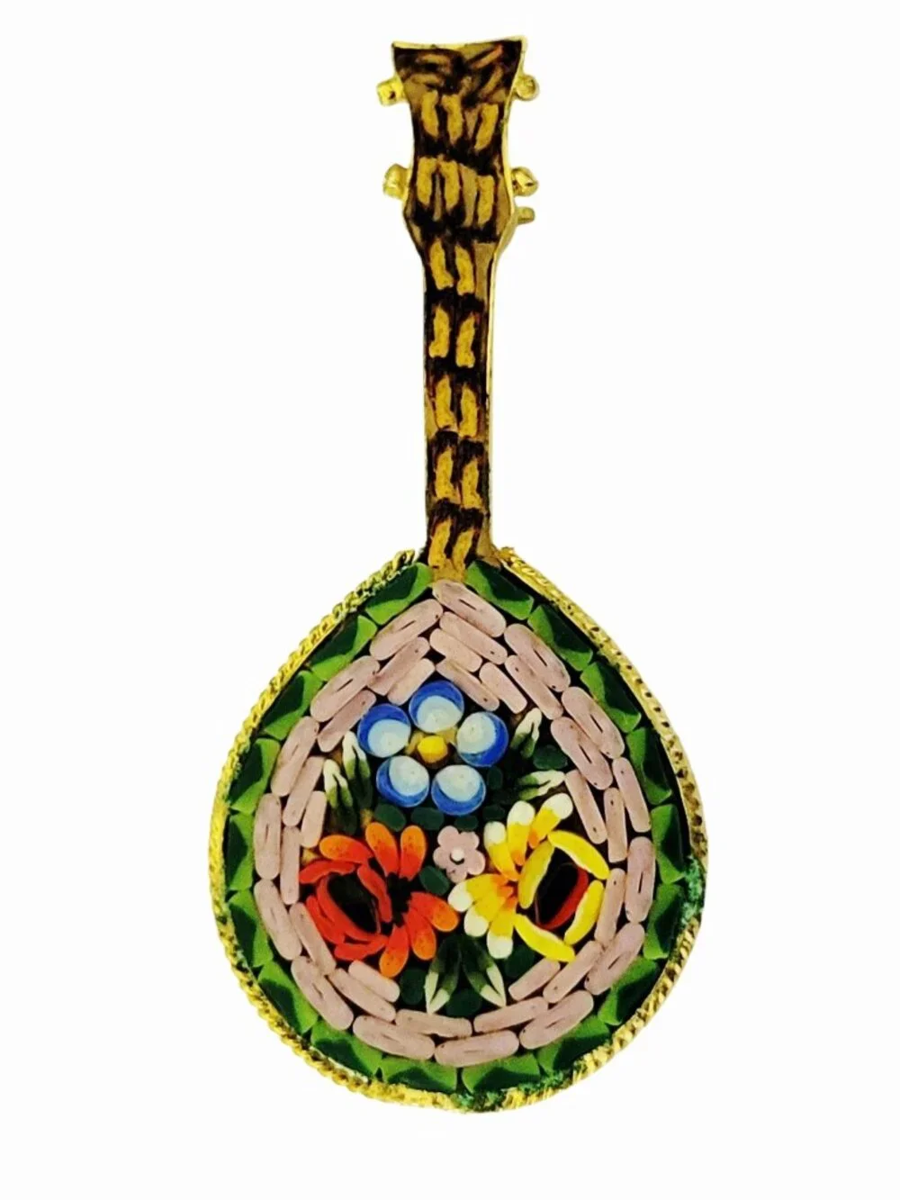 Vintage Micro Mosaic Guitar Mandolin Floral Brooch Pin Colorful Italian Art